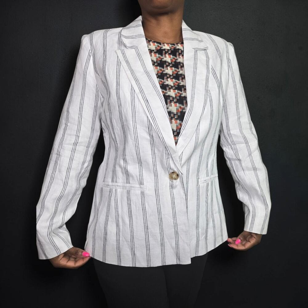 FOIL Linen Stripe Blazer White Linear Blazing Saddles Pinstripe Jacket Notched 4